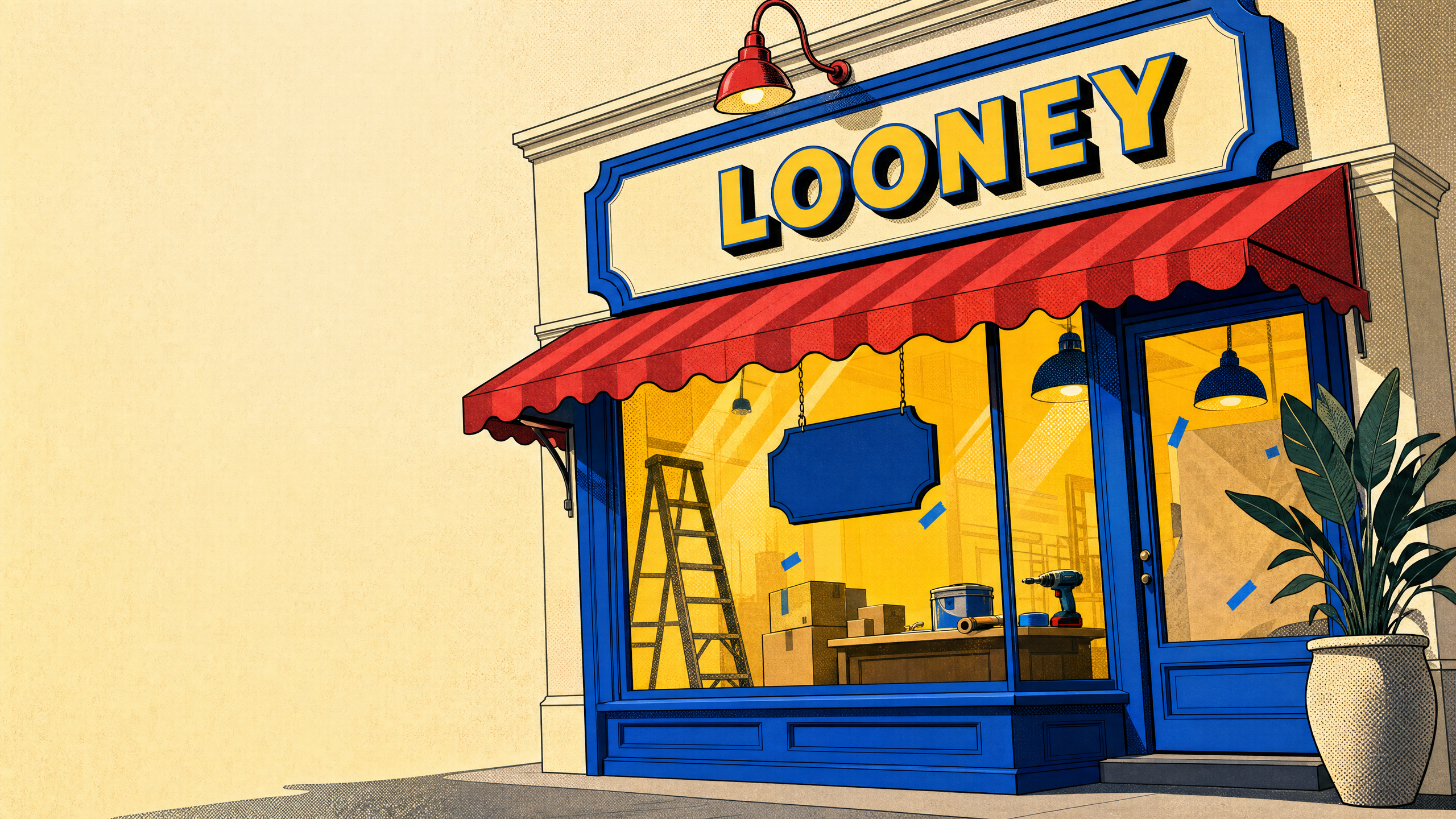 Illustrated Looney storefront being refreshed during maintenance